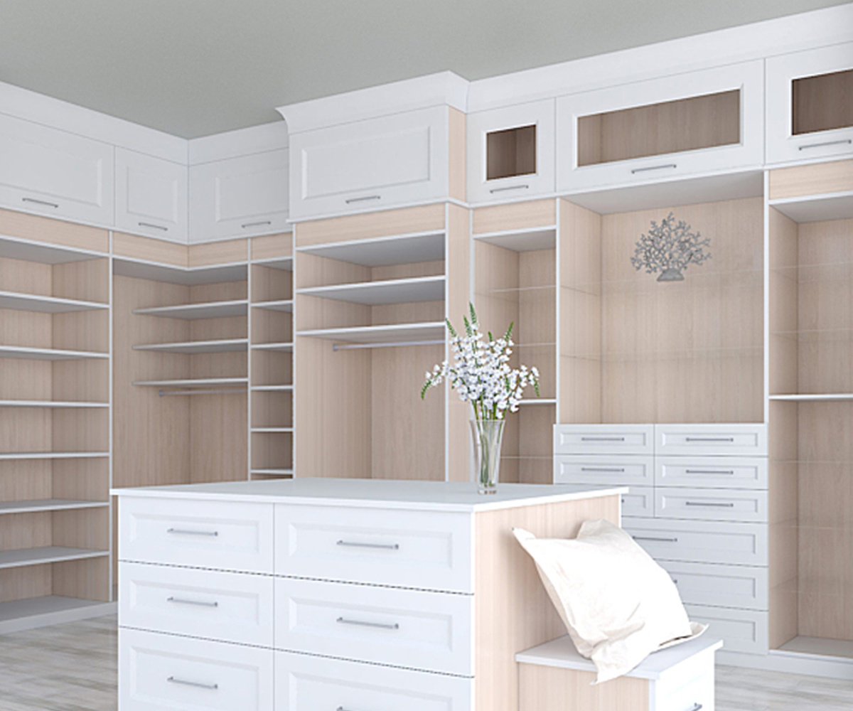 KEJIA Modern Luxury Storage Wardrobe Designs Custom Melamine Bedroom Furniture Wooden Walk In Wardrobe Closet with Center Island