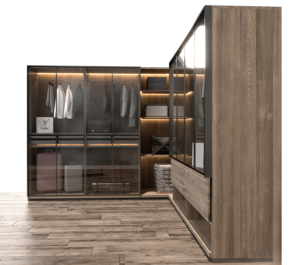 KEJIA Luxury Bedroom Closet Storage Wardrobe Glass Door Wooden Built-in Light Strip Walk in Closet Wardrobes For Villa