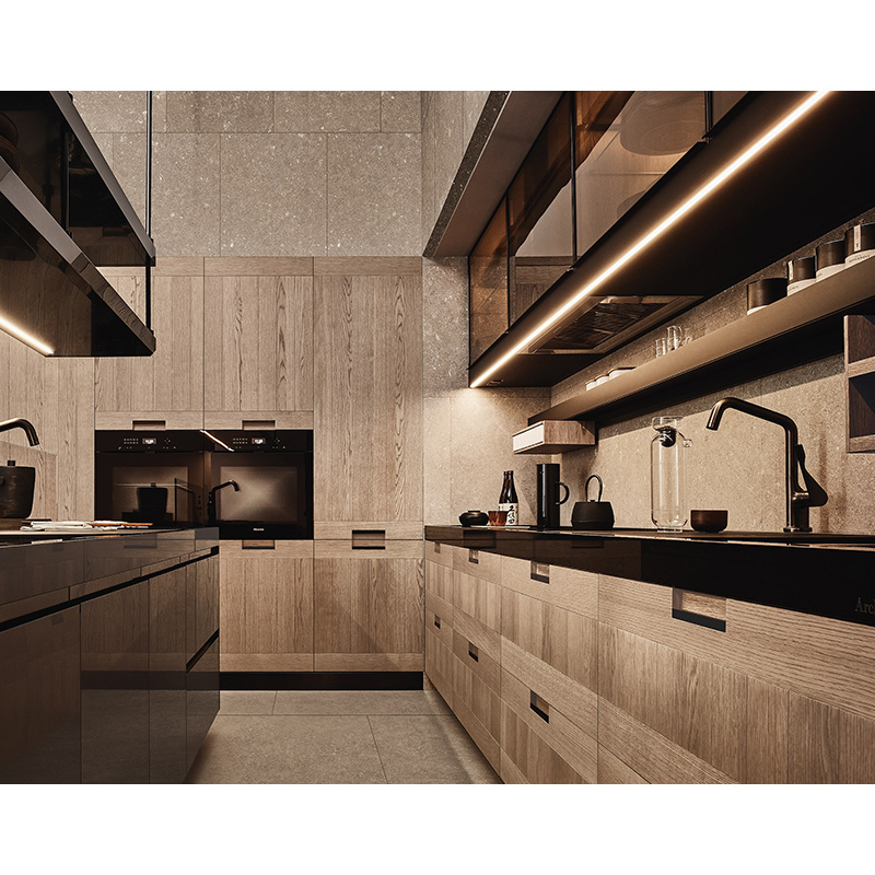 Kejahome Wood Veneer Modern Kitchen Cabinet Set Foshan Kitchen Cabinets with Clean Handle less Look