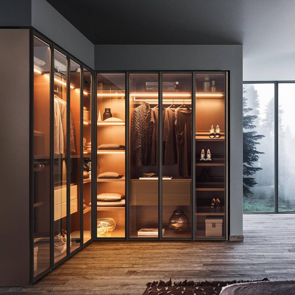 Kejia Latest Modern Walk In Closet Designs Glass Door Bedroom Furniture Storage Drawers L Shape Glass Wardrobes With Led Light