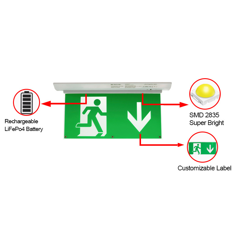 Fire Resistant Led Emergency Exit Sign Double Sides Maintained Battery Operated Exit Signs Recessed Mounted Corridor Exit Sign