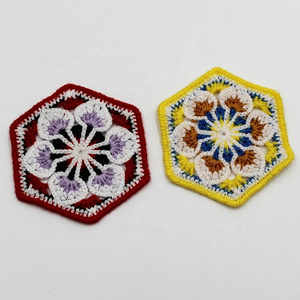 Factory price custom 8cm colorful polyester 3D hexagon flower crochet pattern patch for cup mats