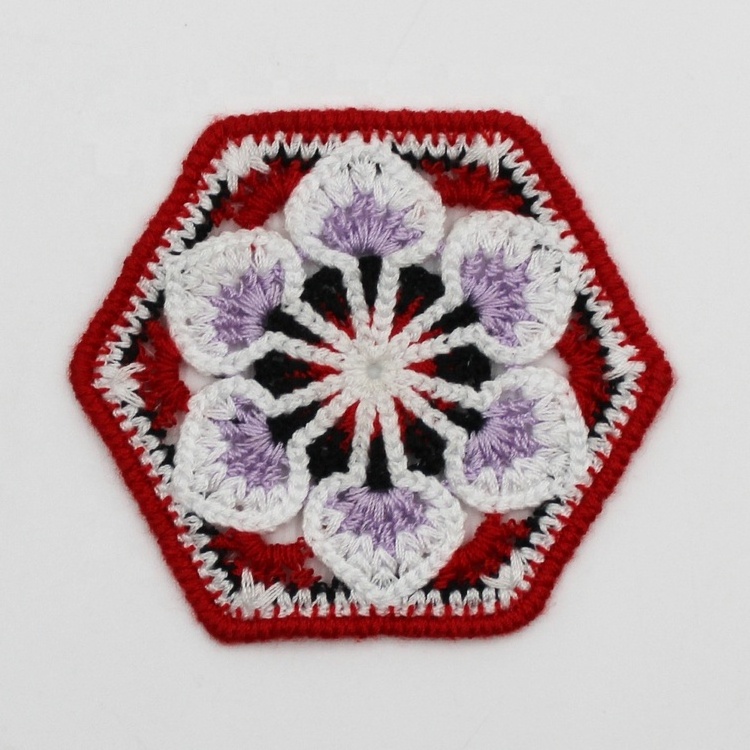 Factory price custom 8cm colorful polyester 3D hexagon flower crochet pattern patch for cup mats