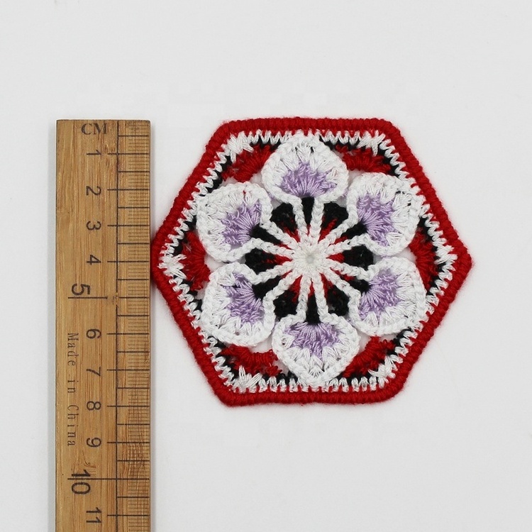 Factory price custom 8cm colorful polyester 3D hexagon flower crochet pattern patch for cup mats