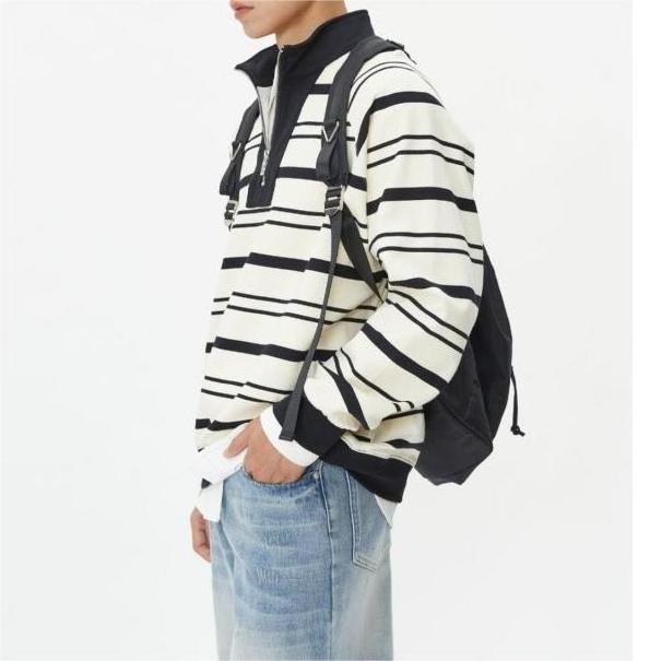 2024 Spring Autumn Korean version of high quality street fashion retro Harajuku striped half zip hoodie men