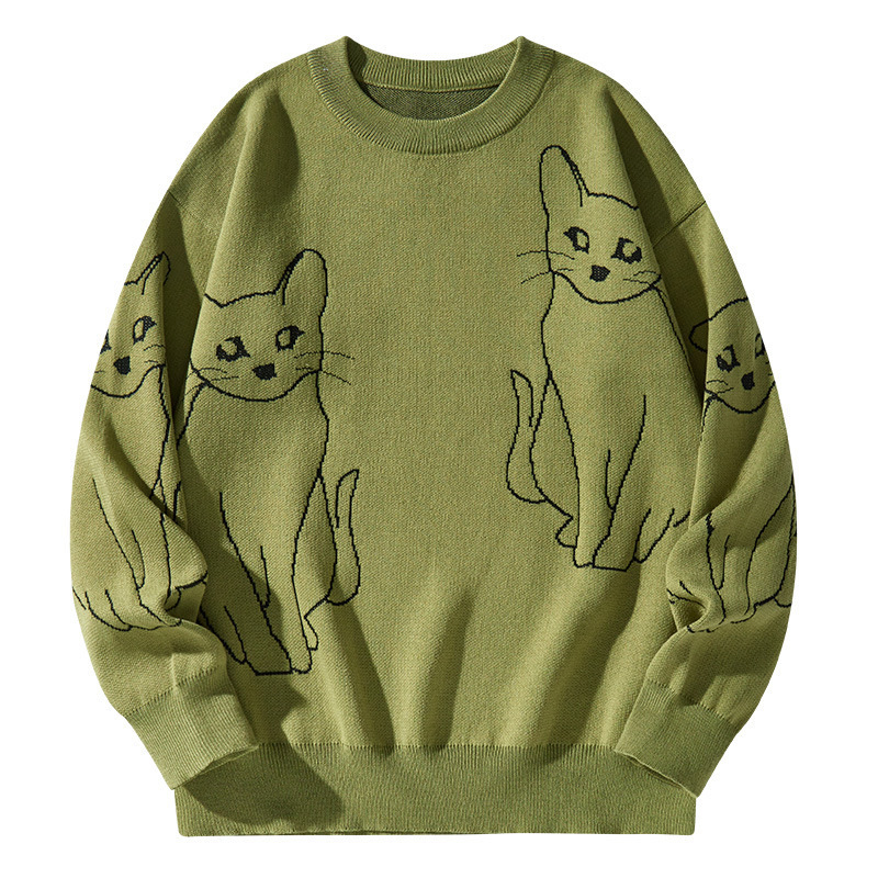 Autumn/Winter 2024 fashion Cute cat print loose harbor style warm crew-neck sweater for women