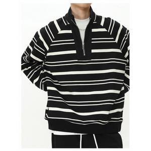 2024 Spring Autumn Korean version of high quality street fashion retro Harajuku striped half zip hoodie men