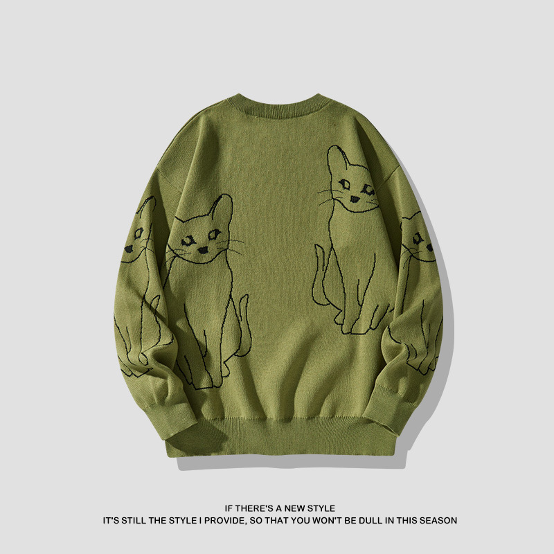 Autumn/Winter 2024 fashion Cute cat print loose harbor style warm crew-neck sweater for women