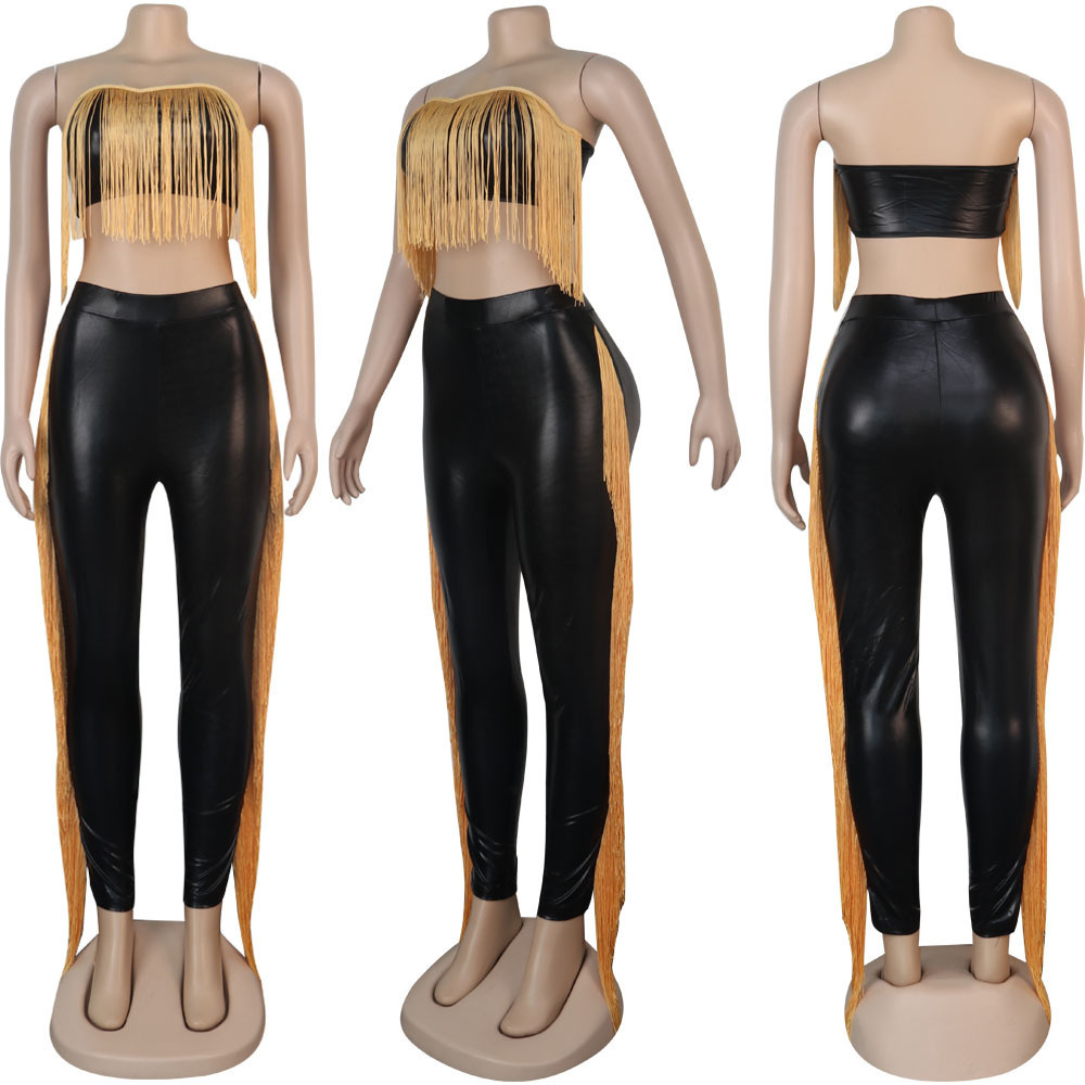 2024 Winter Women Sets Strapless Tassel Top+ Pants Suits PU Leather Two Piece Set Night Club Tracksuits Fitness Outfits