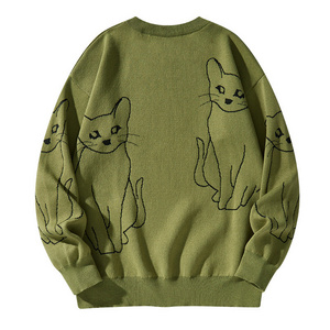 Autumn/Winter 2024 fashion Cute cat print loose harbor style warm crew-neck sweater for women