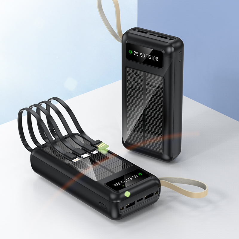 best selling products 2024 solar power bank 30000mah built in four cables powerbank emergency solar charger for phone