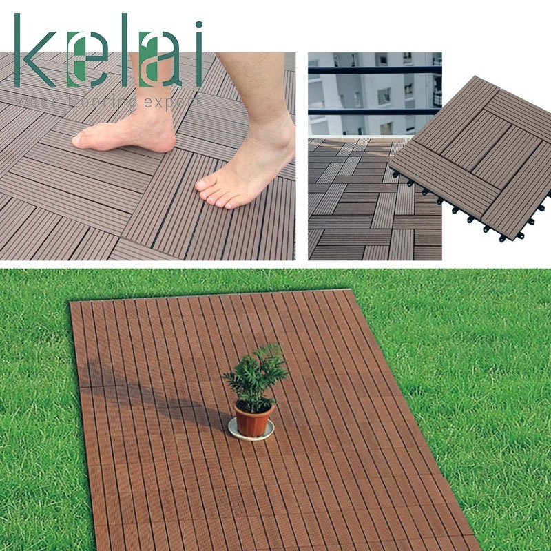 cheap price chocolate and reddish brown hollow decking 300 x 300 wood fiber+HDPE engineered flooring WPC DIY interlock deck tile