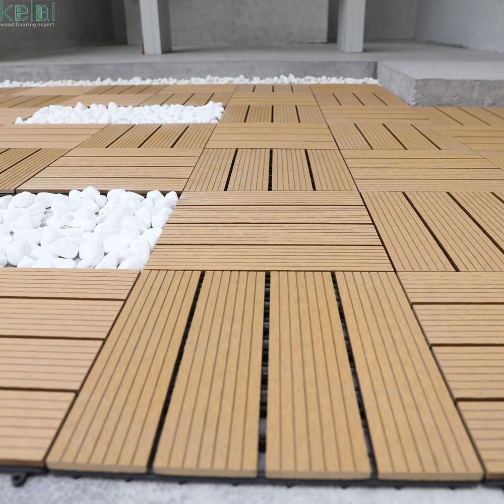 cheap price chocolate and reddish brown hollow decking 300 x 300 wood fiber+HDPE engineered flooring WPC DIY interlock deck tile