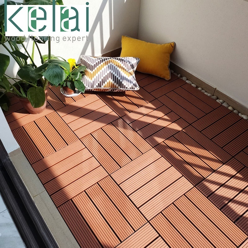 cheap price chocolate and reddish brown hollow decking 300 x 300 wood fiber+HDPE engineered flooring WPC DIY interlock deck tile