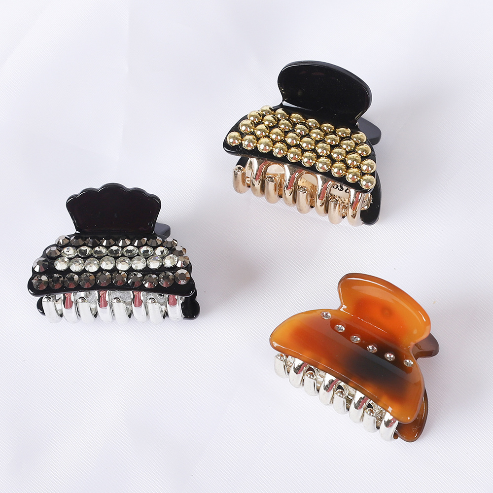 Luxury Rhinestone Gold Bead Acrylic Acetate Barrettes Small Crab Hair Clamp Hair Claw Clips