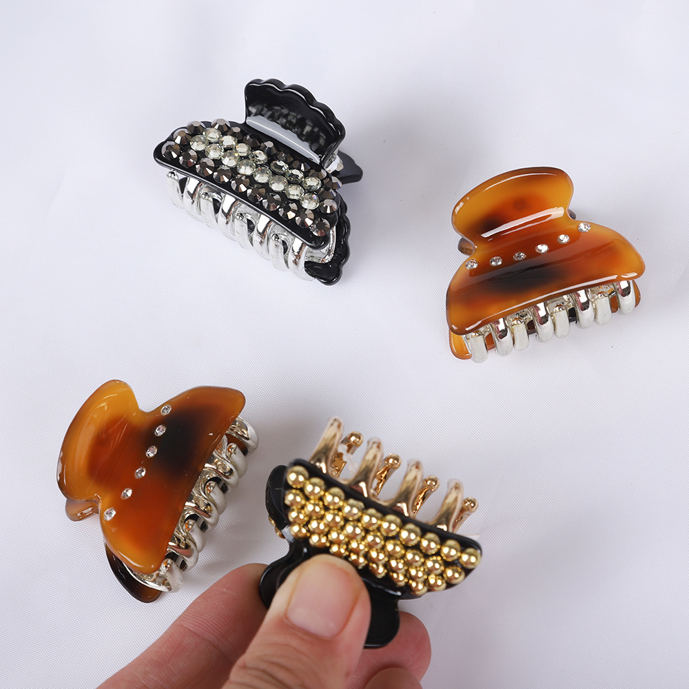 Luxury Rhinestone Gold Bead Acrylic Acetate Barrettes Small Crab Hair Clamp Hair Claw Clips