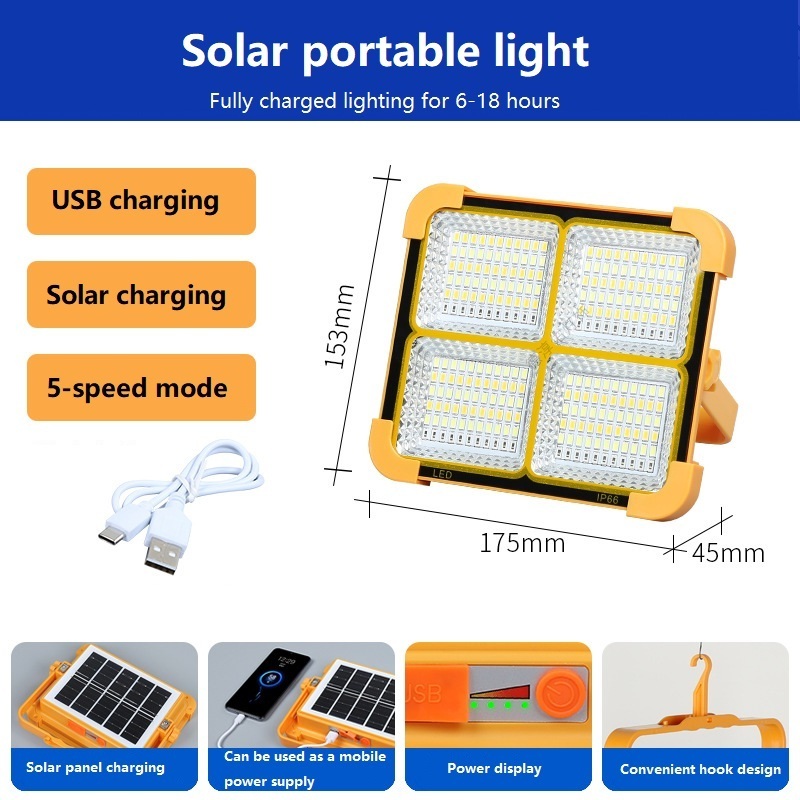 Solar Outdoor Camping Portable Super Bright Charging Floodlight Extra Long Range Emergency Lighting Portable Light