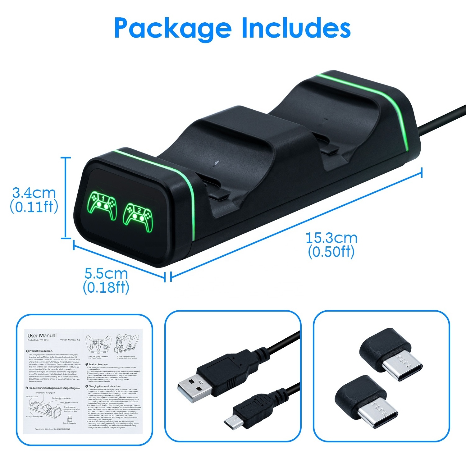 TYX-0613 Dual Controller Charging Dock Cable Charger For PS5/Xboxes Elite 2/Series S/X/Switch Pro/Google Gamepad