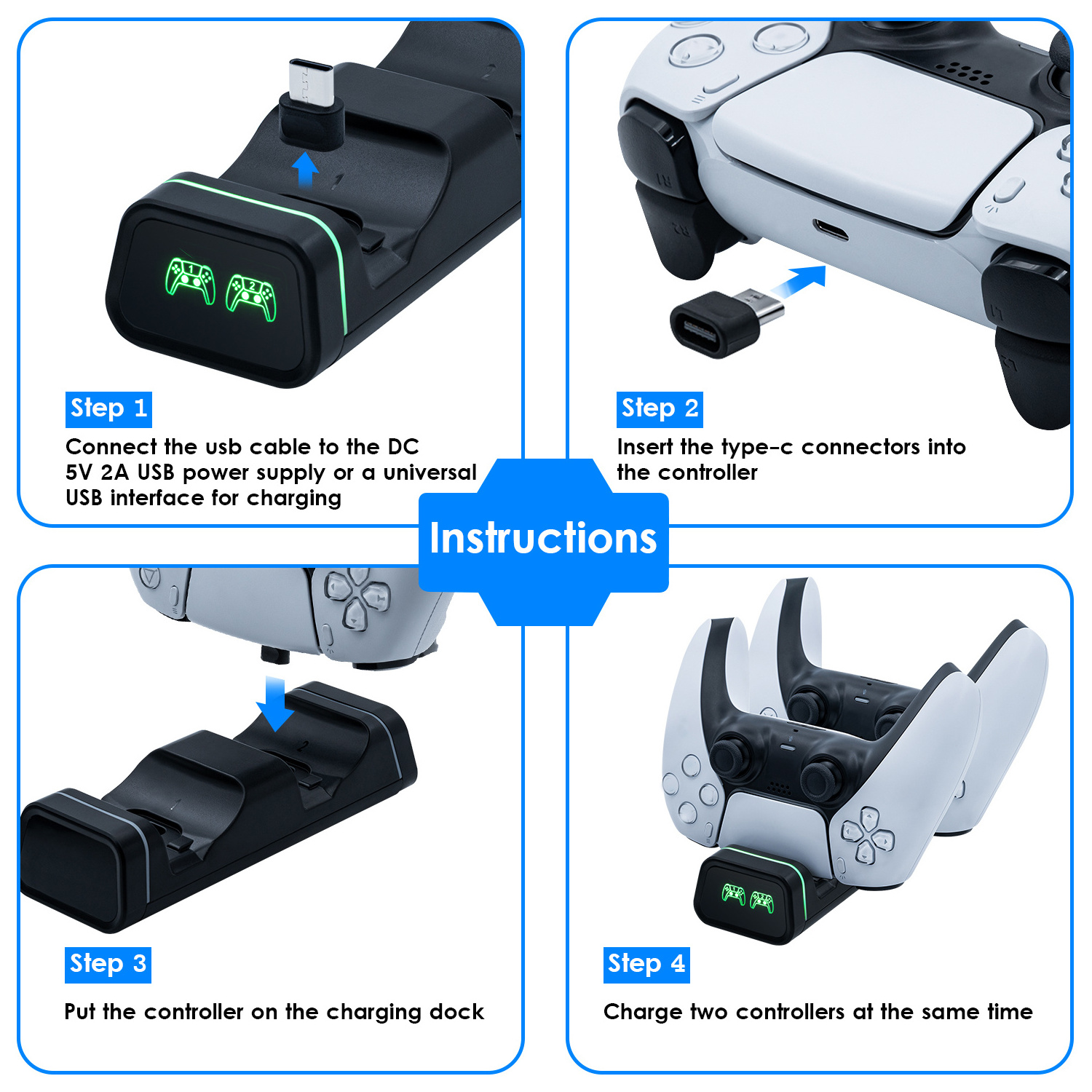 TYX-0613 Dual Controller Charging Dock Cable Charger For PS5/Xboxes Elite 2/Series S/X/Switch Pro/Google Gamepad