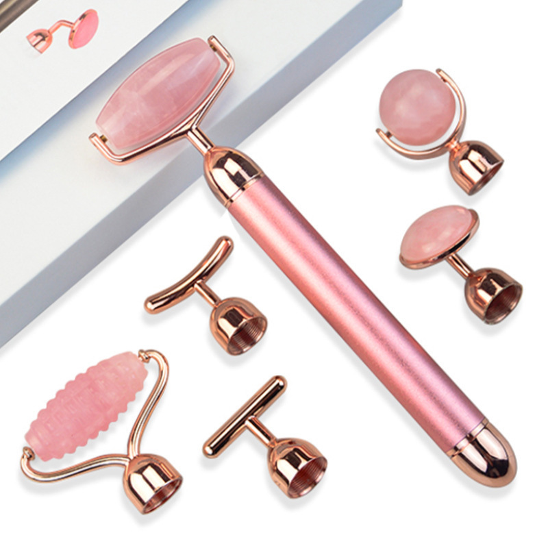 22 Natural Pink Rose Quartz Stone Custom Logo Jade Roller Facial Massager 5 in 1 for Neck And Face