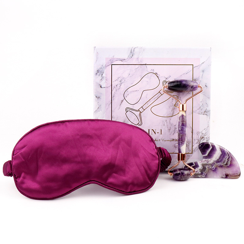 Beauty Private Label Custom Logo 100% Natural Rose Quartz Real Stone Jade Roller & Gua Sha & Eye Mask KIt