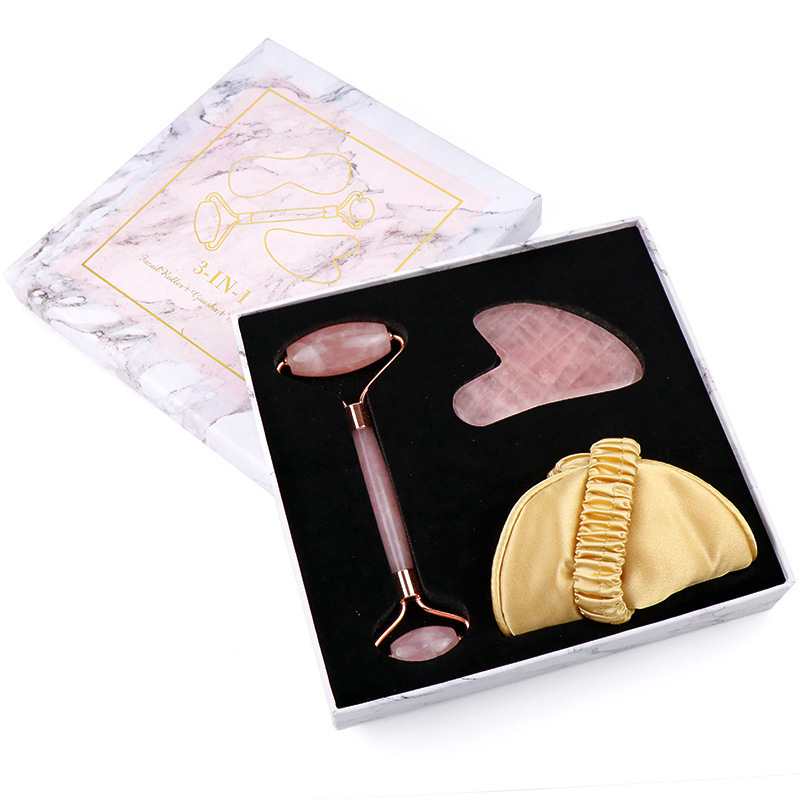 Beauty Private Label Custom Logo 100% Natural Rose Quartz Real Stone Jade Roller & Gua Sha & Eye Mask KIt