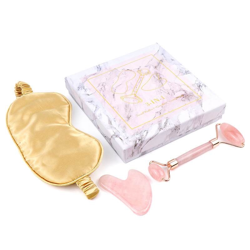 Beauty Private Label Custom Logo 100% Natural Rose Quartz Real Stone Jade Roller & Gua Sha & Eye Mask KIt