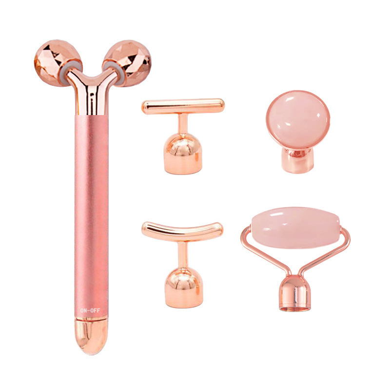 22 Natural Pink Rose Quartz Stone Custom Logo Jade Roller Facial Massager 5 in 1 for Neck And Face