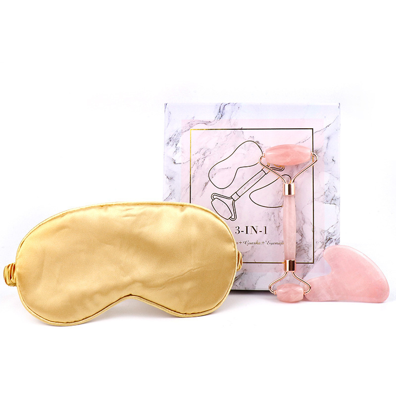 Beauty Private Label Custom Logo 100% Natural Rose Quartz Real Stone Jade Roller & Gua Sha & Eye Mask KIt