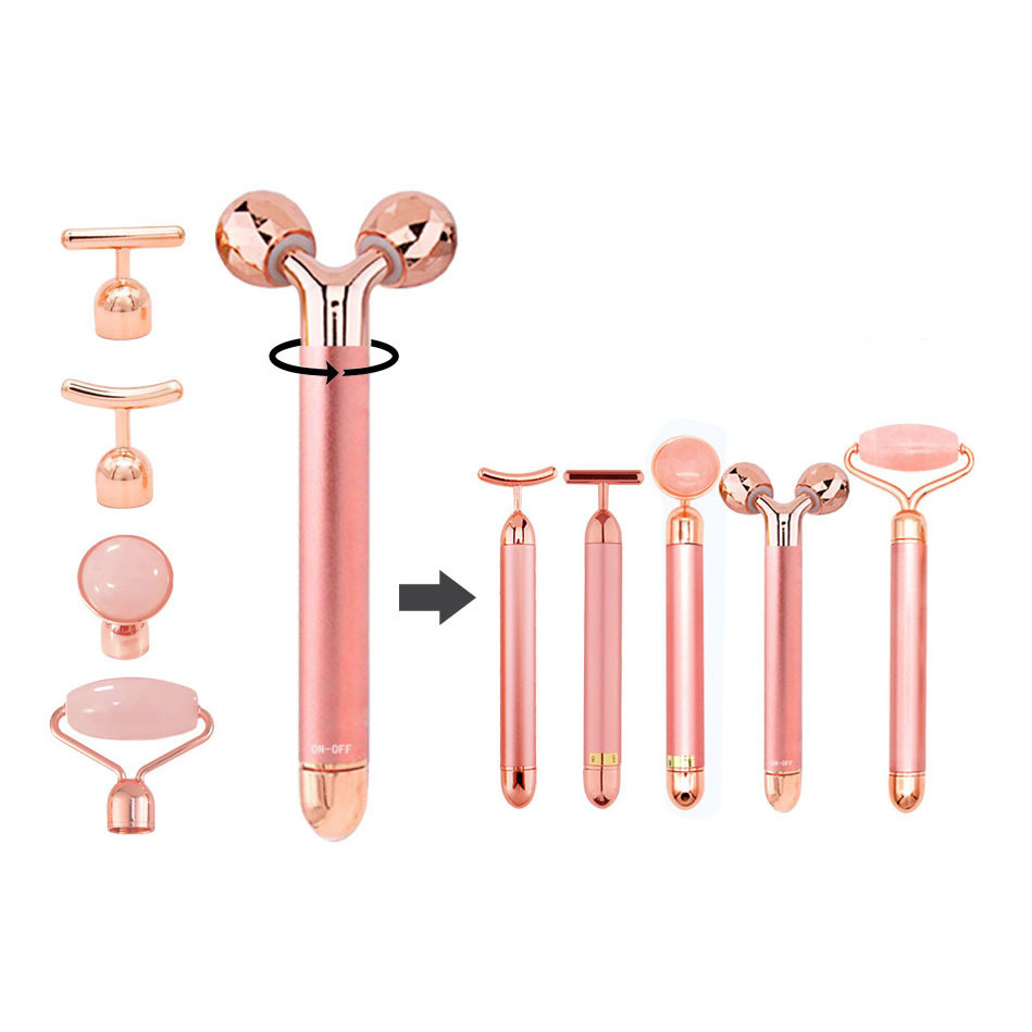 22 Natural Pink Rose Quartz Stone Custom Logo Jade Roller Facial Massager 5 in 1 for Neck And Face