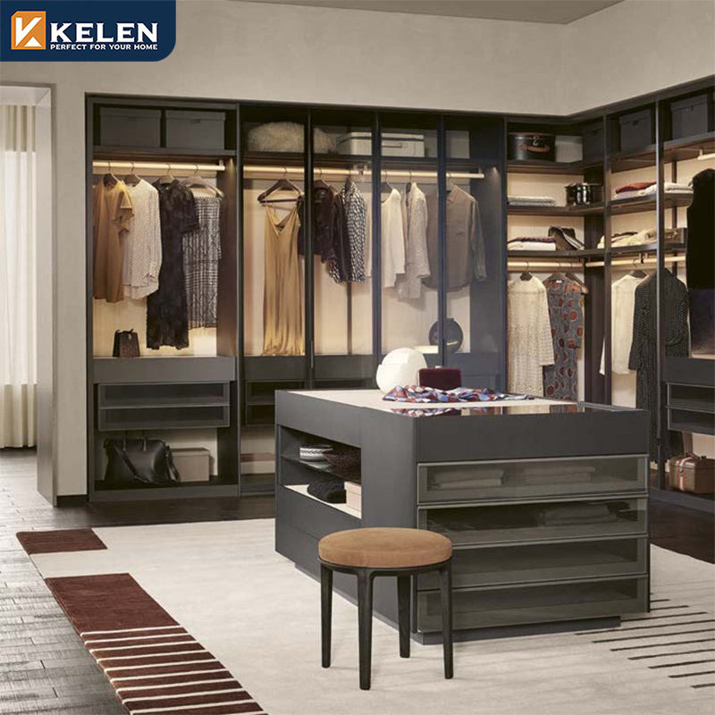 KELEN 2024 modern mdf metal glass with mirror bedroom walk in wardrobe design customize organizer armoire custom clothes cabinet