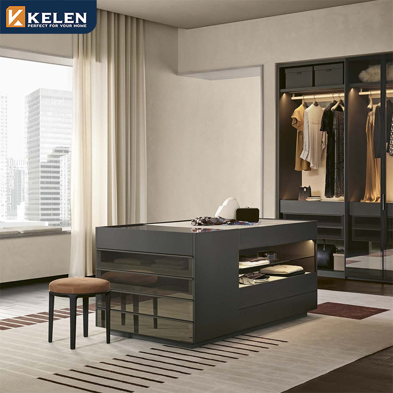 KELEN 2024 modern mdf metal glass with mirror bedroom walk in wardrobe design customize organizer armoire custom clothes cabinet