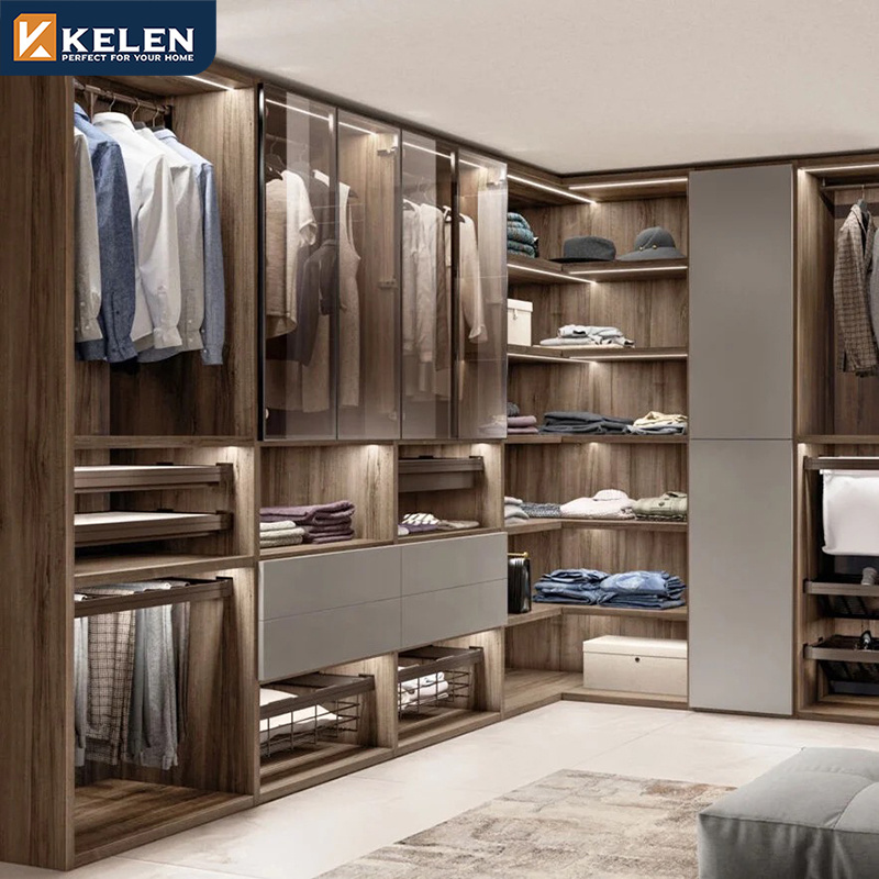 Kelen 2024 contemporary wood Aluminium wardrobe wooden bedroom furniture set custom armoire walking closet cloakroom