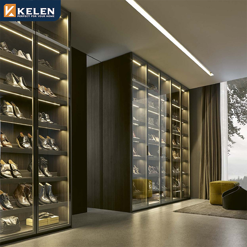 Kelen 2024 luxury glass wardrobe aluminum wood door furniture bedroom walk in wardrobe designs custom carcass closet wardrobe