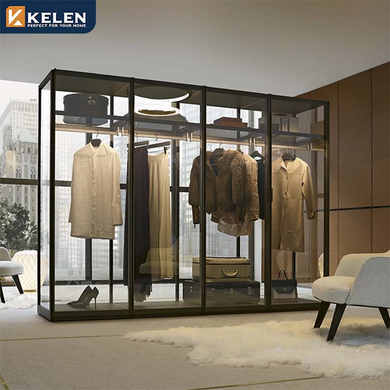 Kelen 2024 luxury glass wardrobe aluminum wood door furniture bedroom walk in wardrobe designs custom carcass closet wardrobe