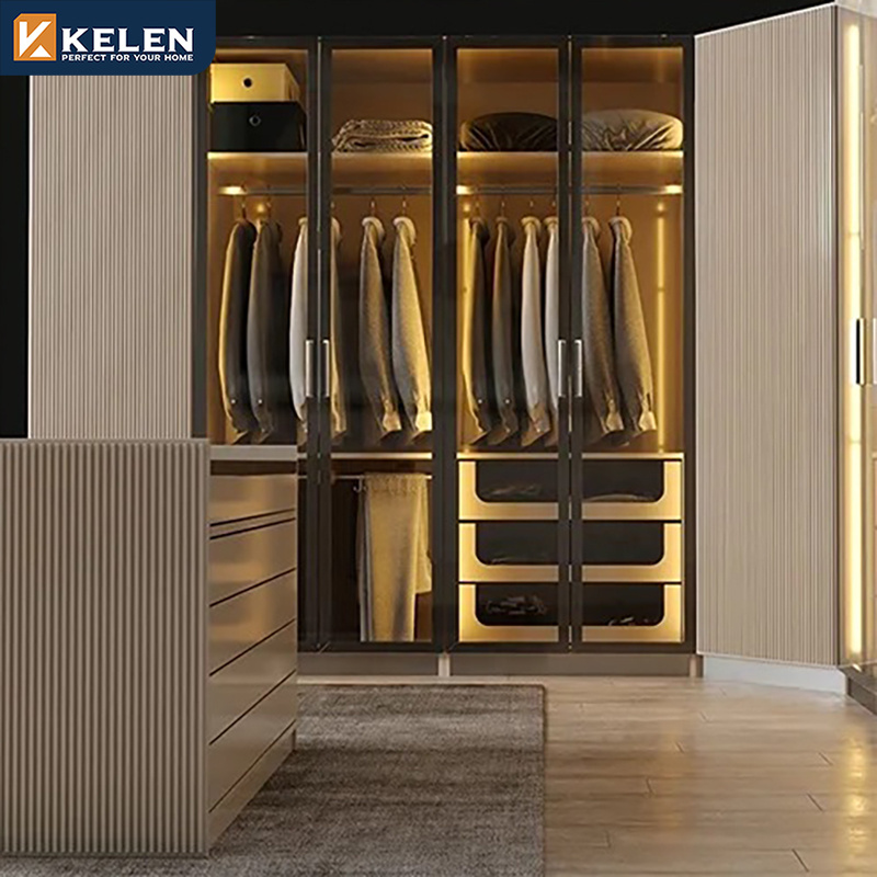 Kelen 2024 luxury glass wardrobe aluminum wood door furniture bedroom walk in wardrobe designs custom carcass closet wardrobe