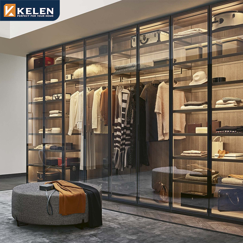 Kelen 2024 luxury glass wardrobe aluminum wood door furniture bedroom walk in wardrobe designs custom carcass closet wardrobe