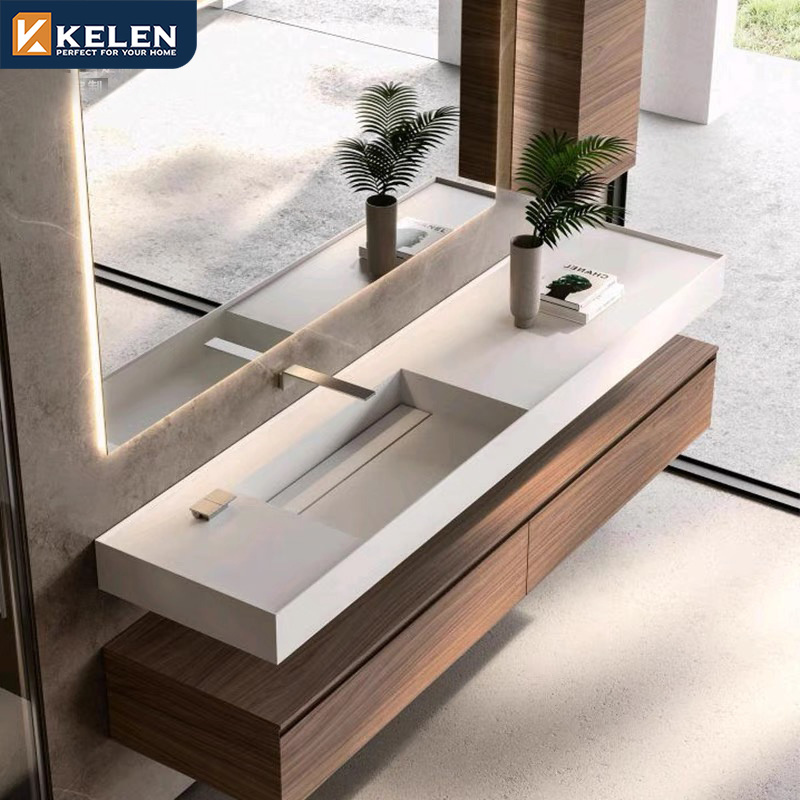 Kelen 2024 custom luxury quartz counter top set ready made mirror small wood wall mounted modern sink bathroom cabinet vanity