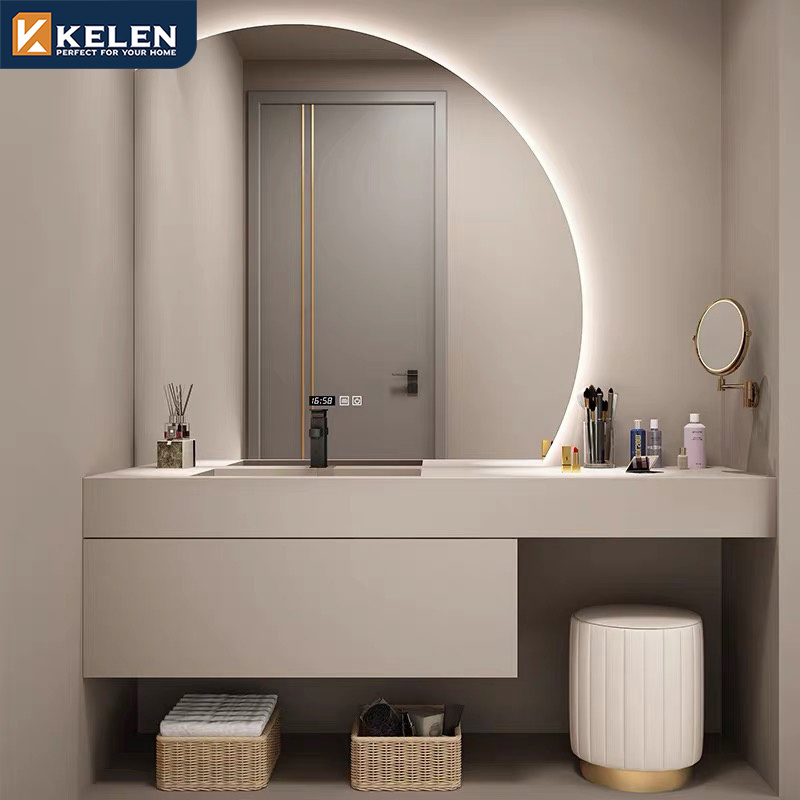 Kelen 2024 custom luxury quartz counter top set ready made mirror small wood wall mounted modern sink bathroom cabinet vanity