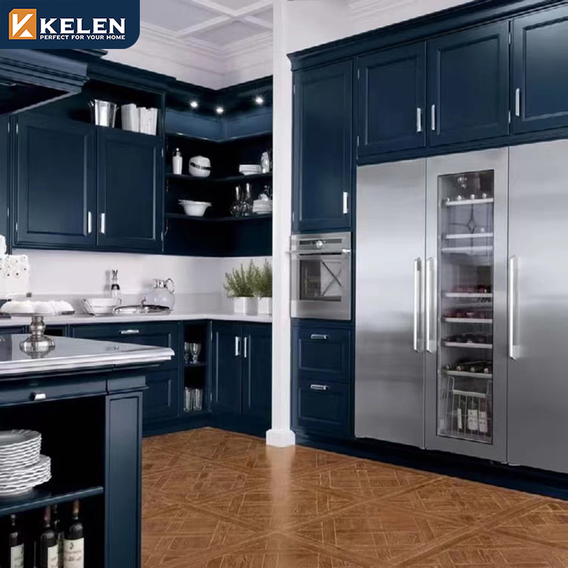 Kelen 2024 kitchen cabinet designs luxury blue lacquer door shaker style wooden pine Furniture Solid Wood rosewood kitchen cabin