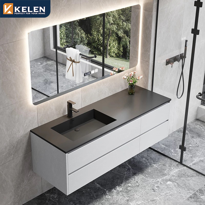 Kelen 2024 custom luxury quartz counter top set ready made mirror small wood wall mounted modern sink bathroom cabinet vanity