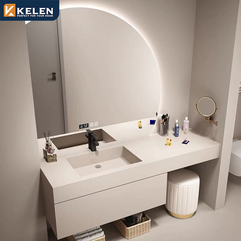 Kelen 2024 custom luxury quartz counter top set ready made mirror small wood wall mounted modern sink bathroom cabinet vanity