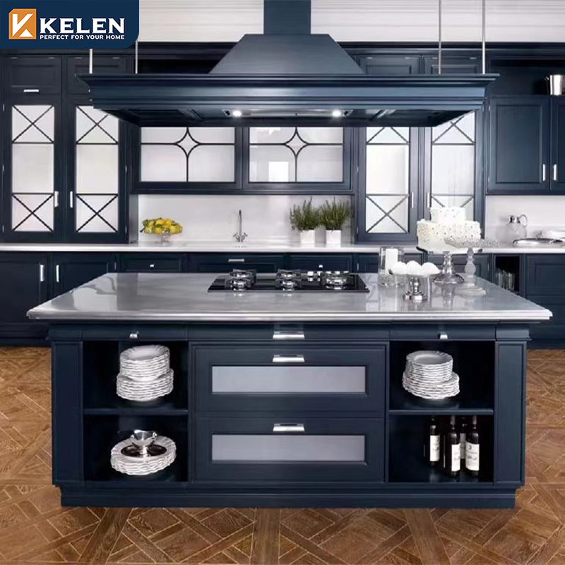 Kelen 2024 kitchen cabinet designs luxury blue lacquer door shaker style wooden pine Furniture Solid Wood rosewood kitchen cabin