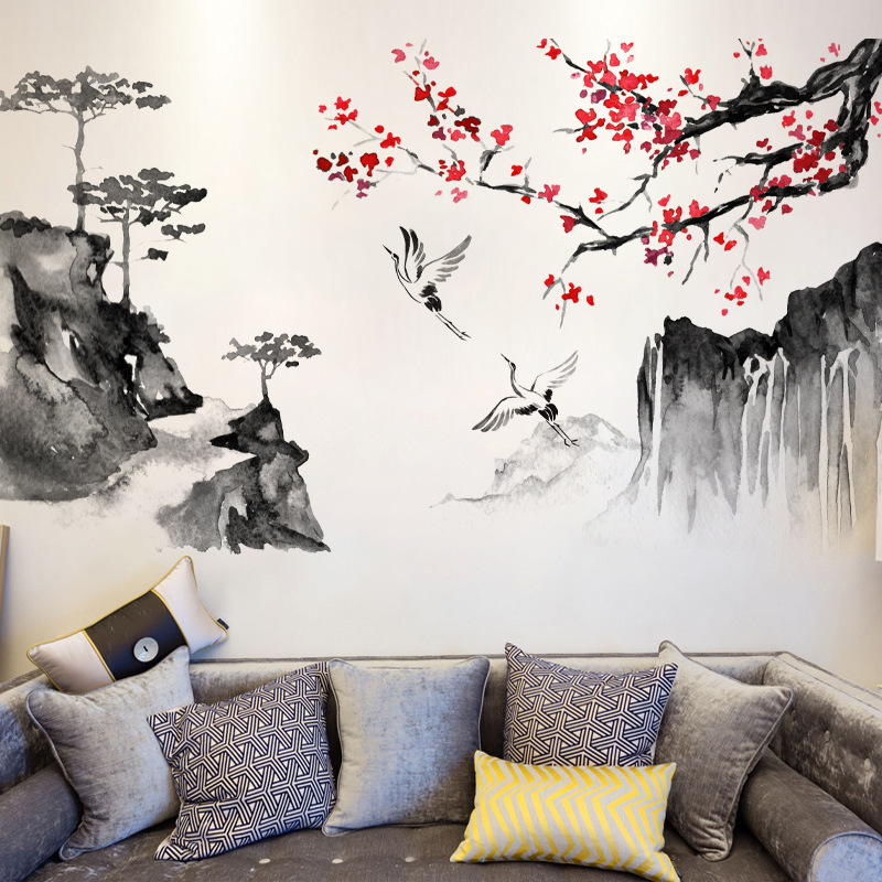 Self-adhesive Removable Chinese Wash Painting Wall Decal PVC Vinyl Waterproof Home Decoration Wall Art Sticker for Living Room