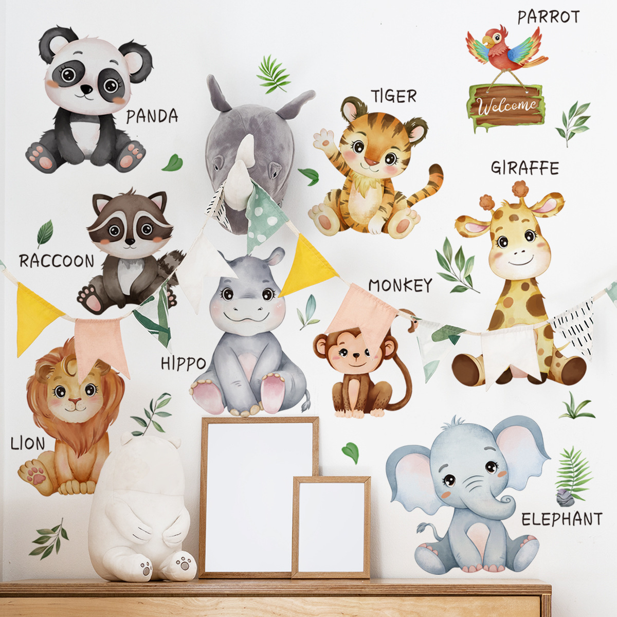 30*60cm*2pcs Jungle Animals Wall Decals Cartoon Animals Wall Stickers Self Adhesive Waterproof Home Wall Decals