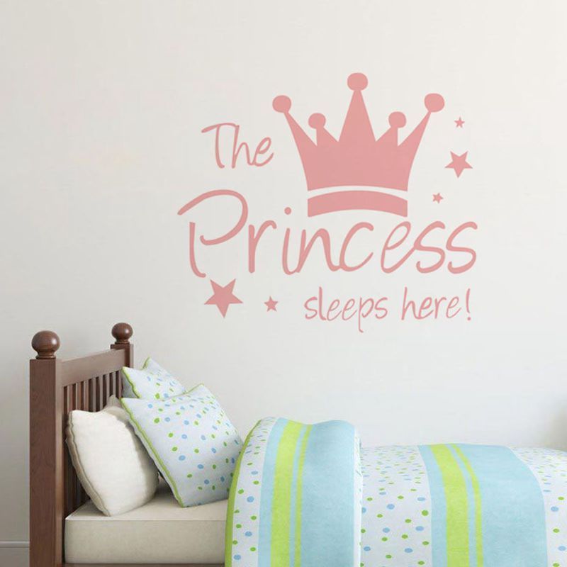 32*28cm The Princess Sleeps Here Wall Decorate Stickers Pink Crown Wall Arts Decals for Girls Bedroom