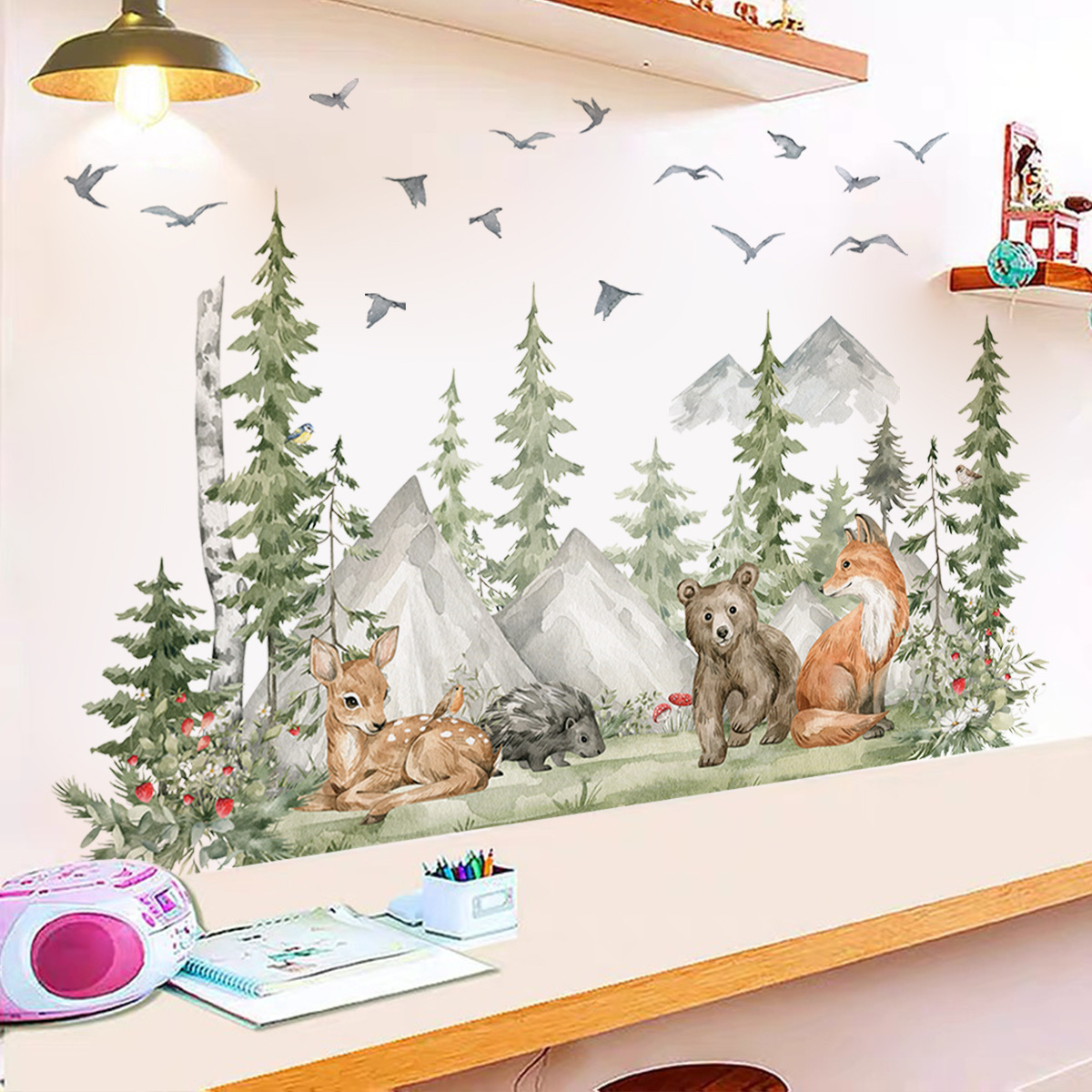 30*90cm*4pcs Custom Cartoon Animals Forest Wall Decals Children's Room Self-Adhesive Wallpaper Stickers with Fox Bear Deer