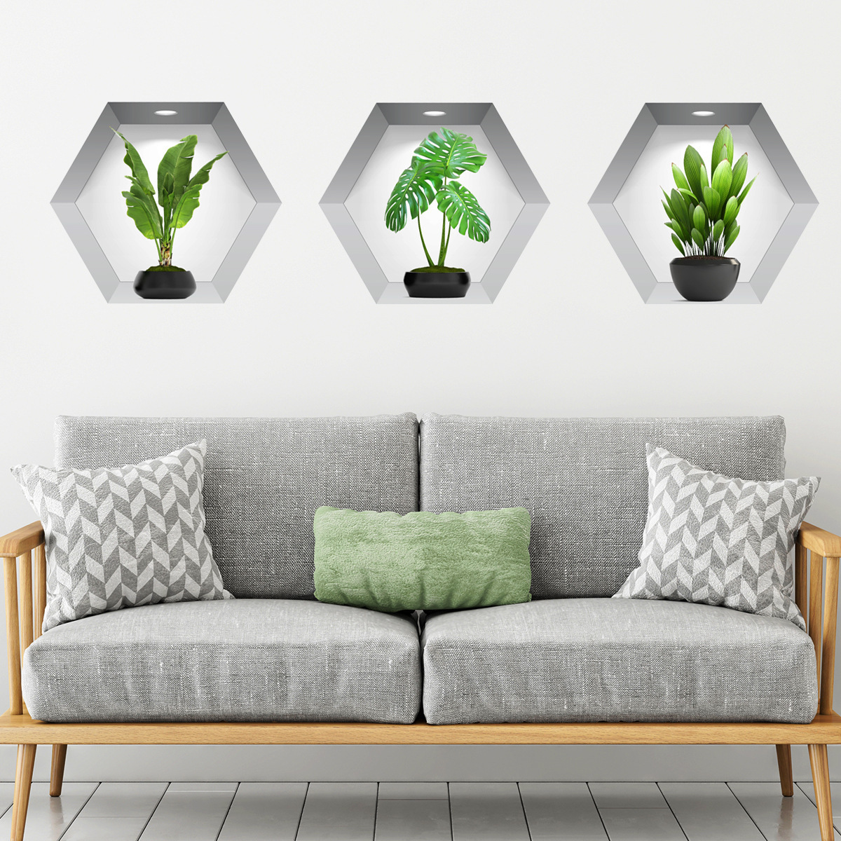 30*35cm*3pcs Hexagon Wall Stickers 3D Potted Green Plant Wall Murals PVC Wall Art Wallpaper for Home Decor