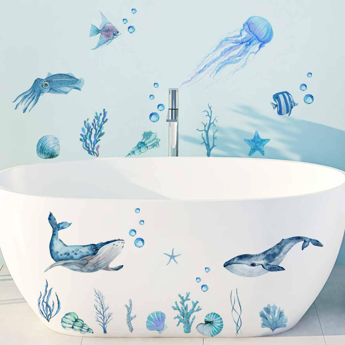 30*50cm Cartoon Underwater World Bubble Fish Sea Grass Wallpaper Bathtub Stickers Bathroom Background Decoration Wall Decals