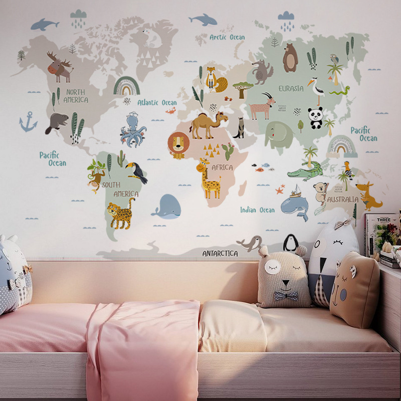 Cartoon Animal World Map Wall Sticker, Home Decoration Wall Decal, Cute Children's Room Decoration Supplies